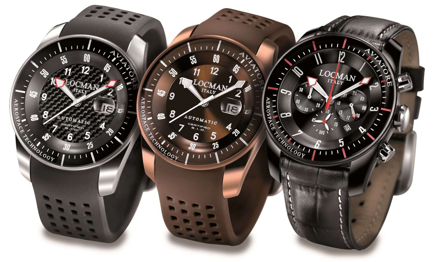 Three of the new Aviatore models by Locman; the first two on the left are automatic, the one on the right is a quartz chronograph